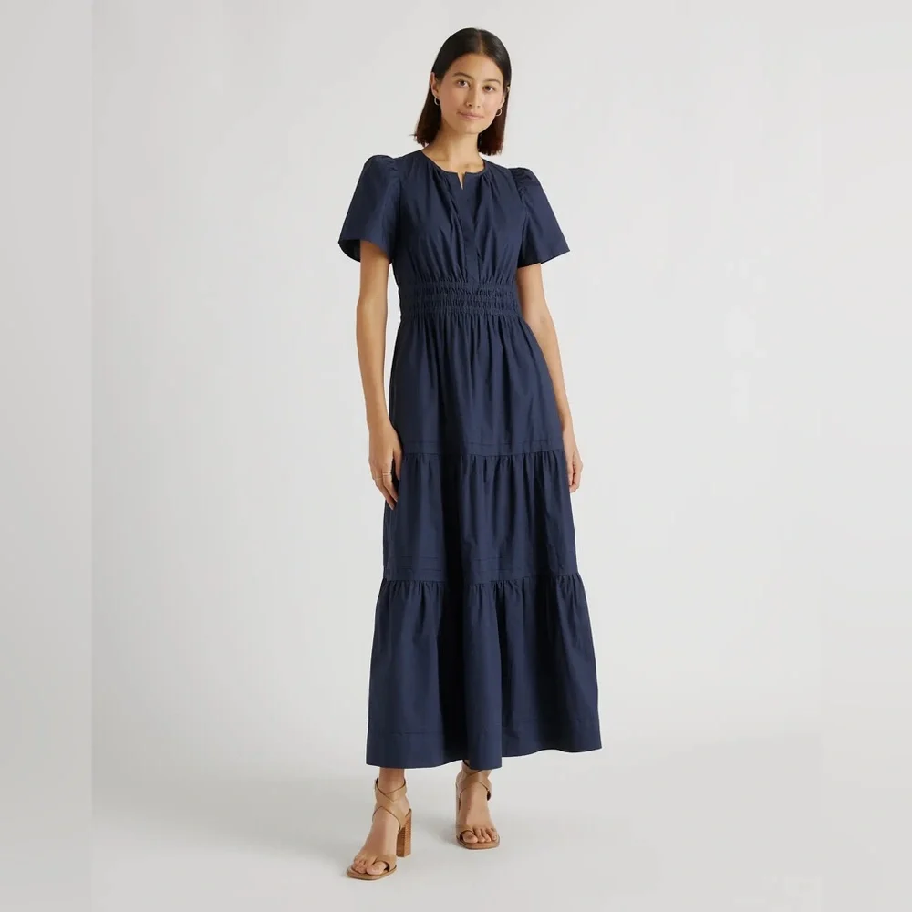 NEW Quince 100% Organic Cotton Poplin Tiered V-Neck Short Sleeve Maxi Dress sz S - Picture 2 of 13